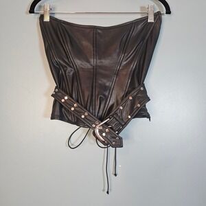 OUTCAST Black Faux Leather Corset Top Lace Up Back Buckle Belt Size L